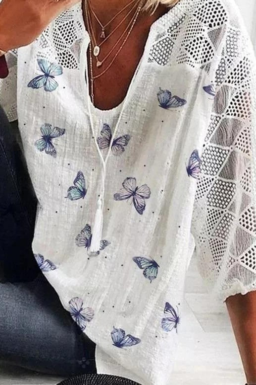 Monica Secrets | Blouse – Relaxed Fit – 3/4 Sleeves – V-Neck – Lace – Butterfly Print