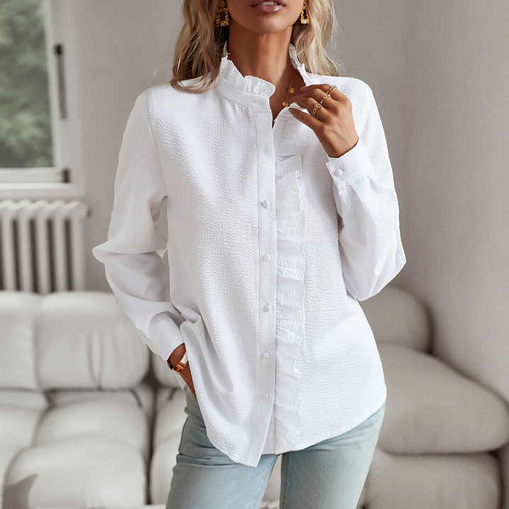 Monica Secrets | Women's Blouse - Ruffle Detail - Lightweight Texture - Long Sleeve - Classic Button Closure